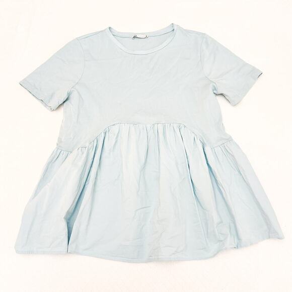 Zara Blue Peplum Short Sleeve Top Light Blue Top Size Large - Picture 1 of 6